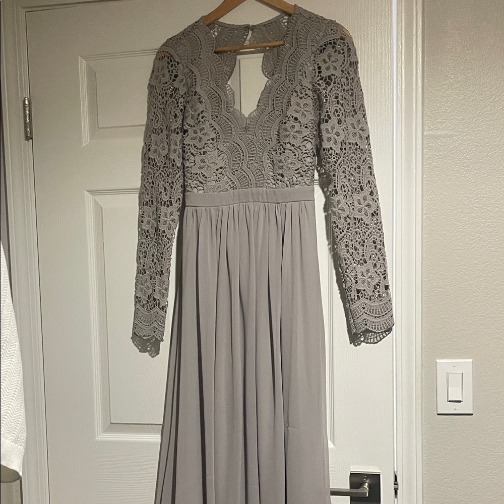 Lulu's Elegant Gray Lace Long Sleeve Dress